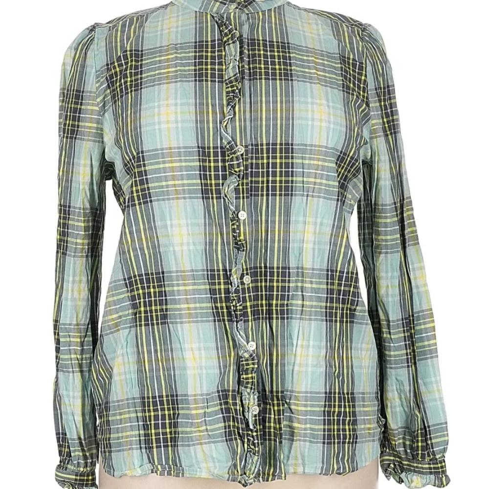 LOFT Ruffle Button Shirt Women M. Blue Yellow Plaid Long Sleeve. Western Causal
